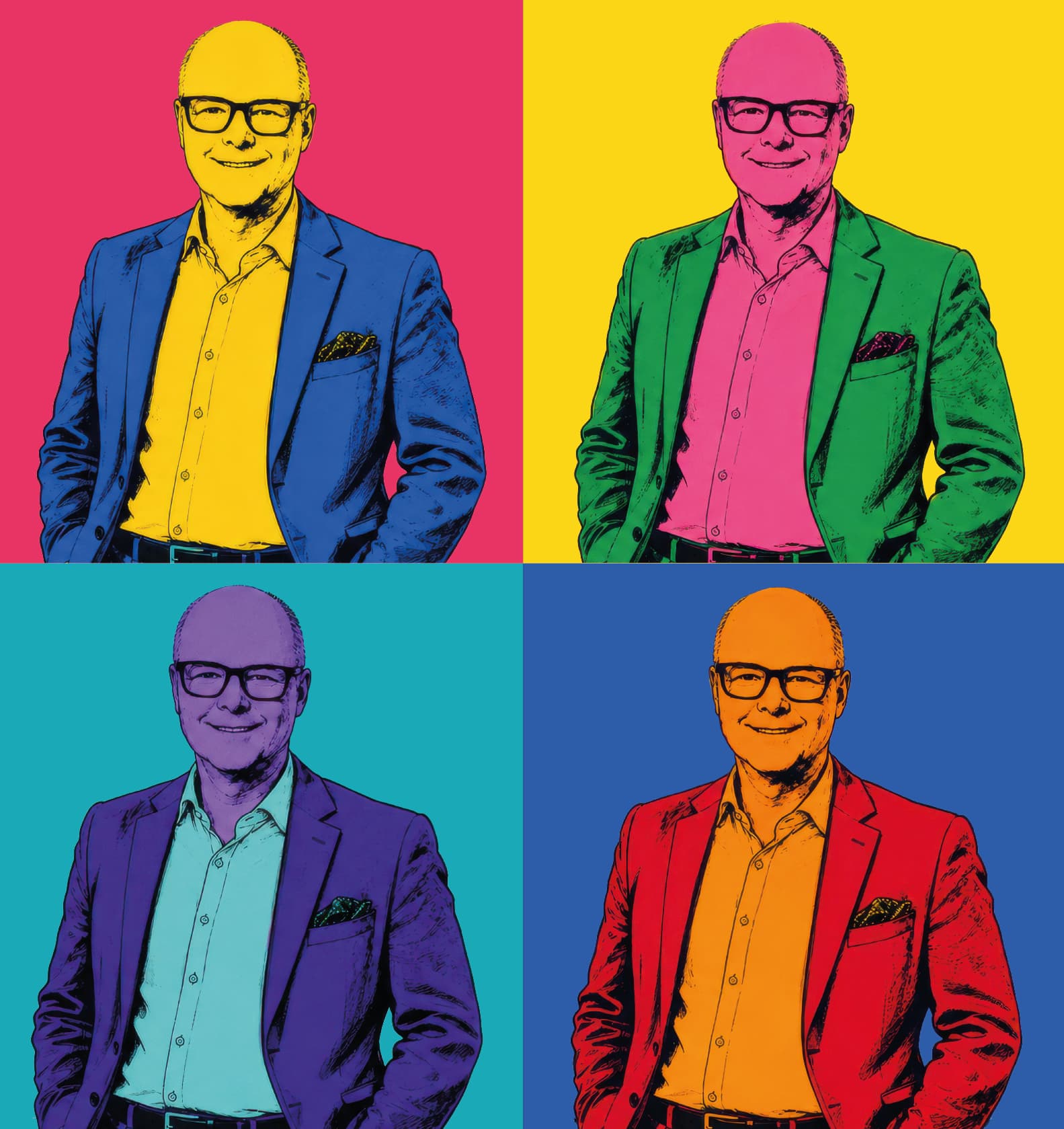 Thomas Spieker als farbiges Pop-Art-Motiv in vier Varianten